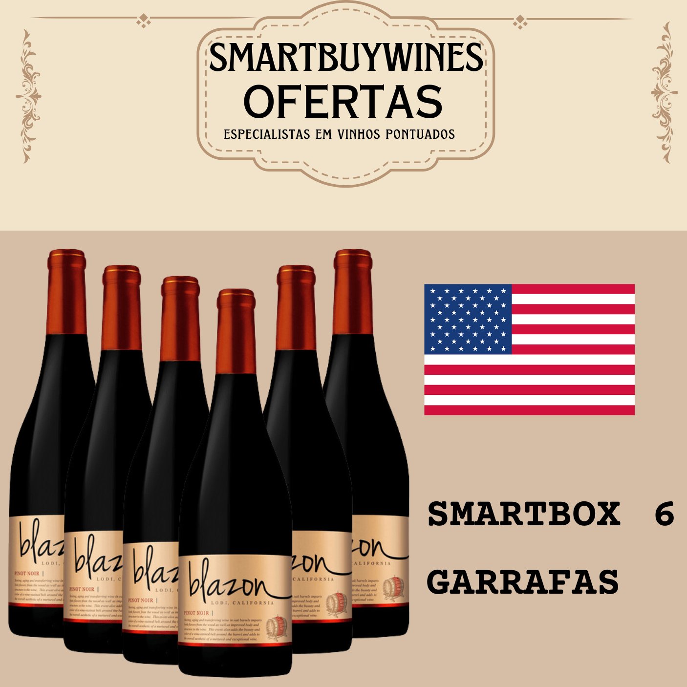 SMARTBOX 6 garrafas - Blazon Pinot Noir, Lodi, California 2018 - SmartBuyWines.com.br