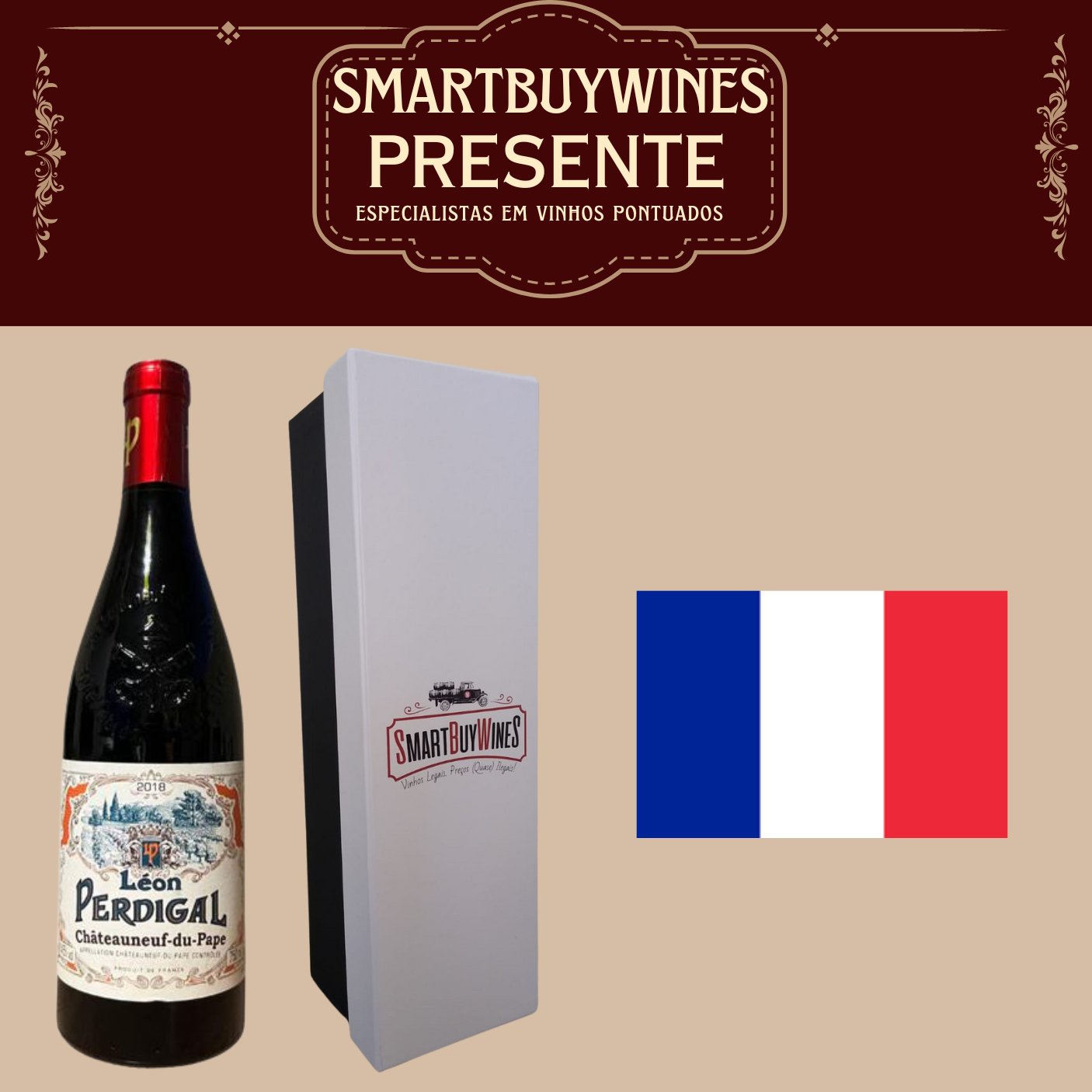 Presente - Châteauneuf-du-Pape Léon Perdigal, Vale do Rhône, França 2018 embalado na caixa - SmartBuyWines.com.br