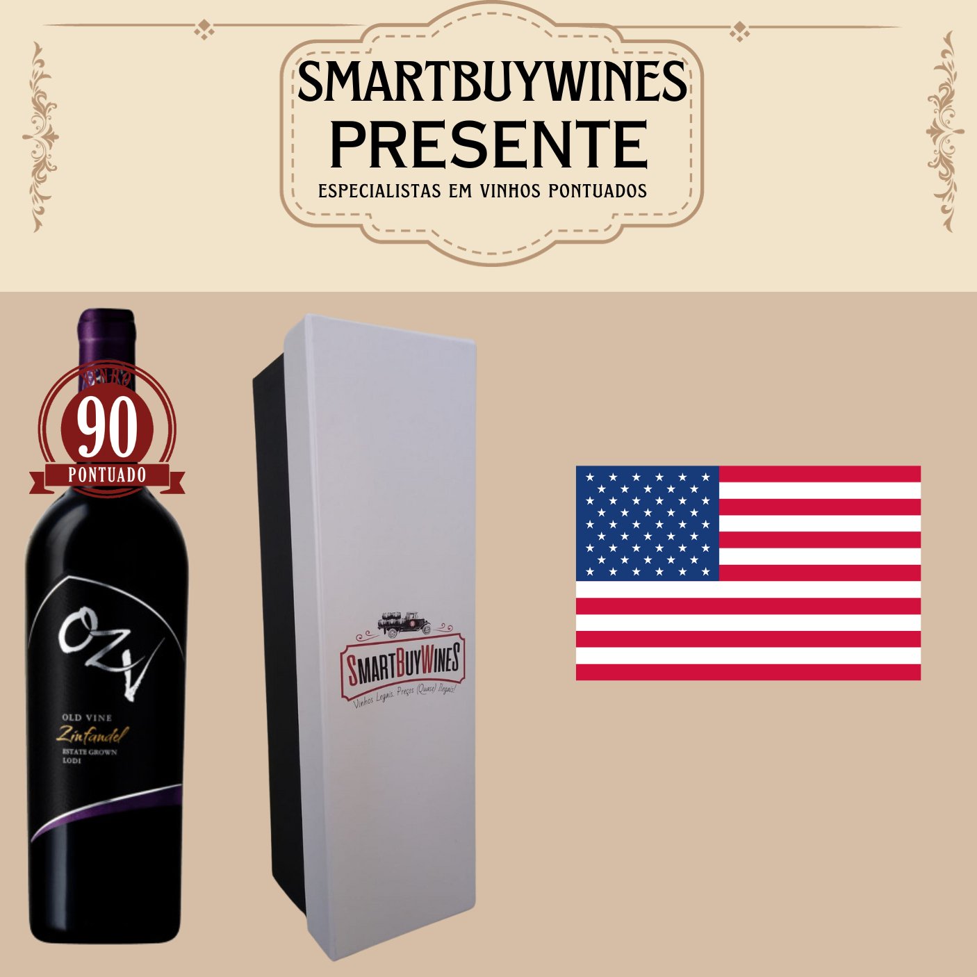Presente - OZV Old Vine Zinfandel, Lodi, California 2019 embalado na caixa - SmartBuyWines.com.br