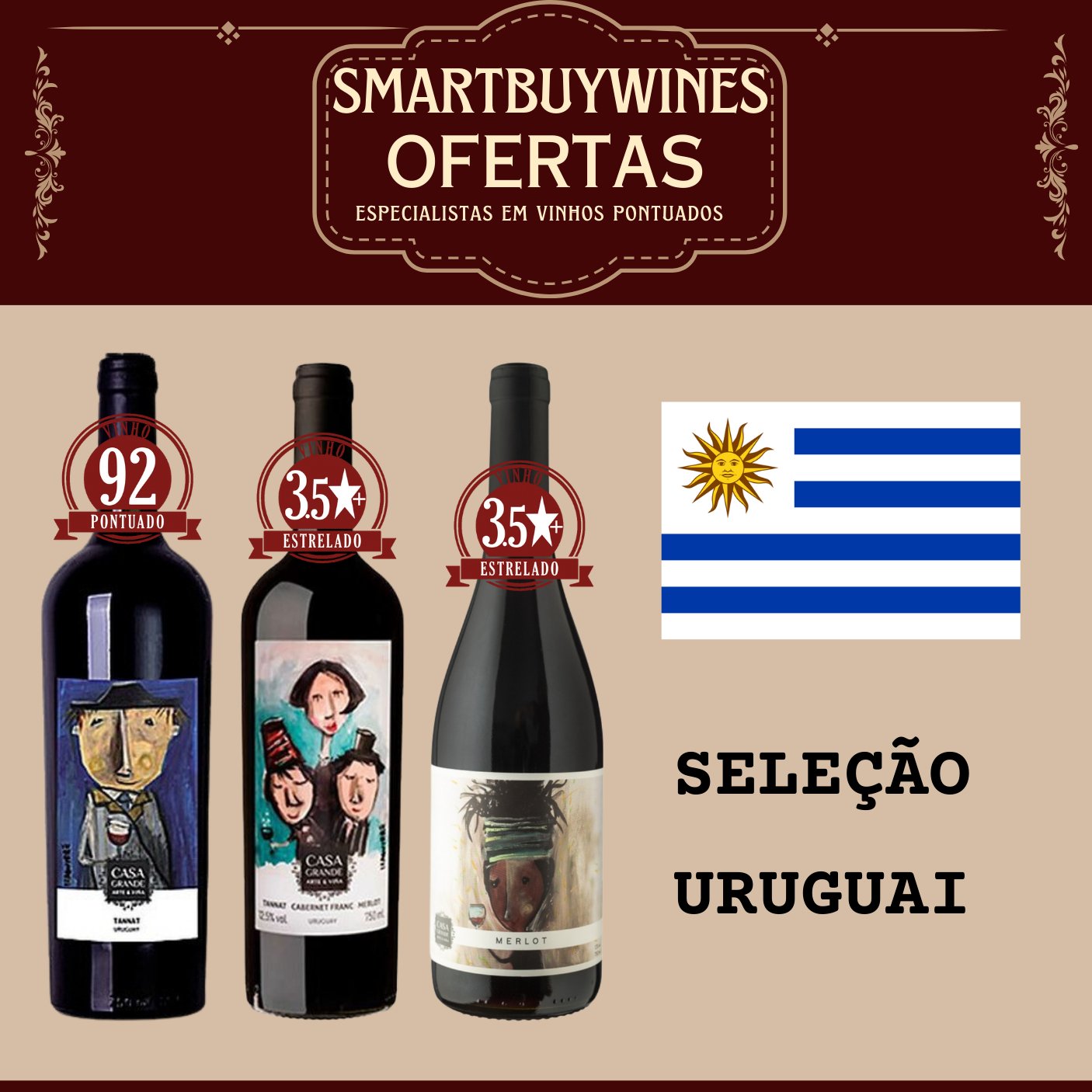 Seleção em oferta - Uruguai - caixa de 3 vinhos - SmartBuyWines.com.br